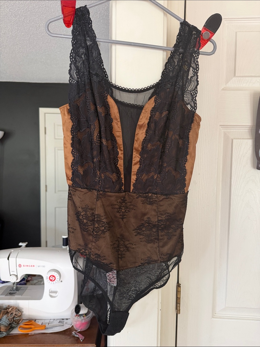Lace-Trim Sheer Chemise Bodysuit in Black and Brown